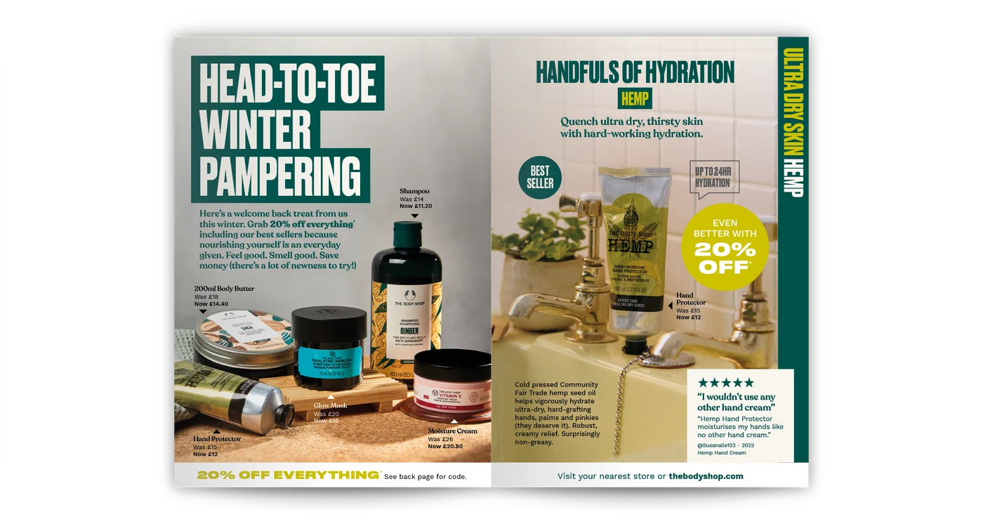 The Body Shop catalogue spread: winter pampering and hemp hydration