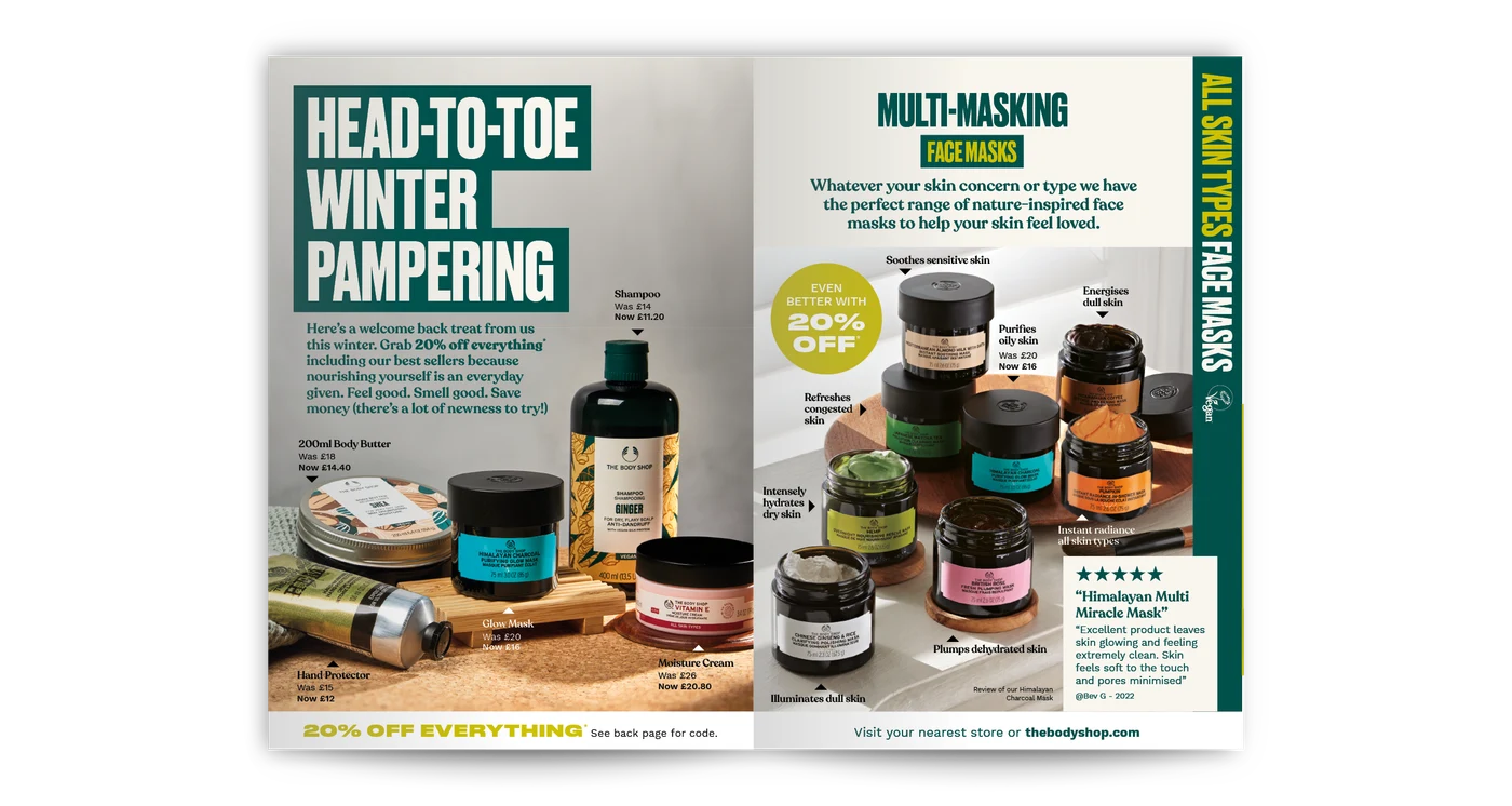 The Body Shop catalogue spread: winter pampering and multi-masking face masks