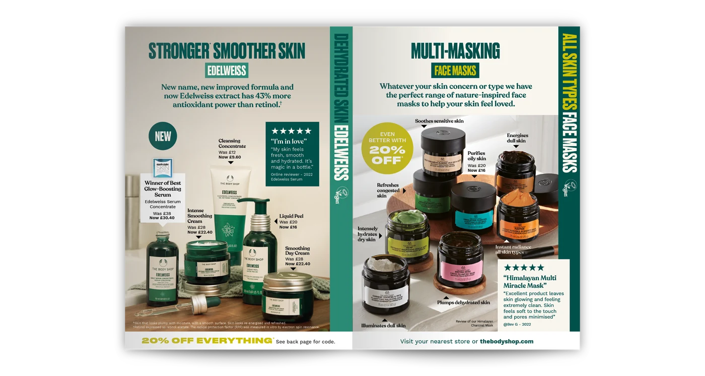 The Body Shop catalogue spread: Edelweiss skincare and multi-masking face masks