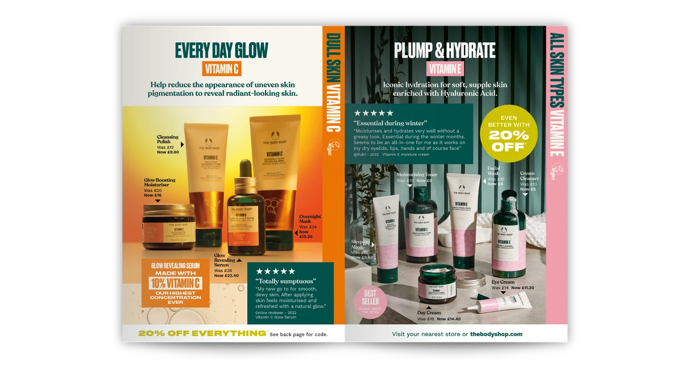 The Body Shop catalogue spread: Vitamin C and Vitamin E skincare