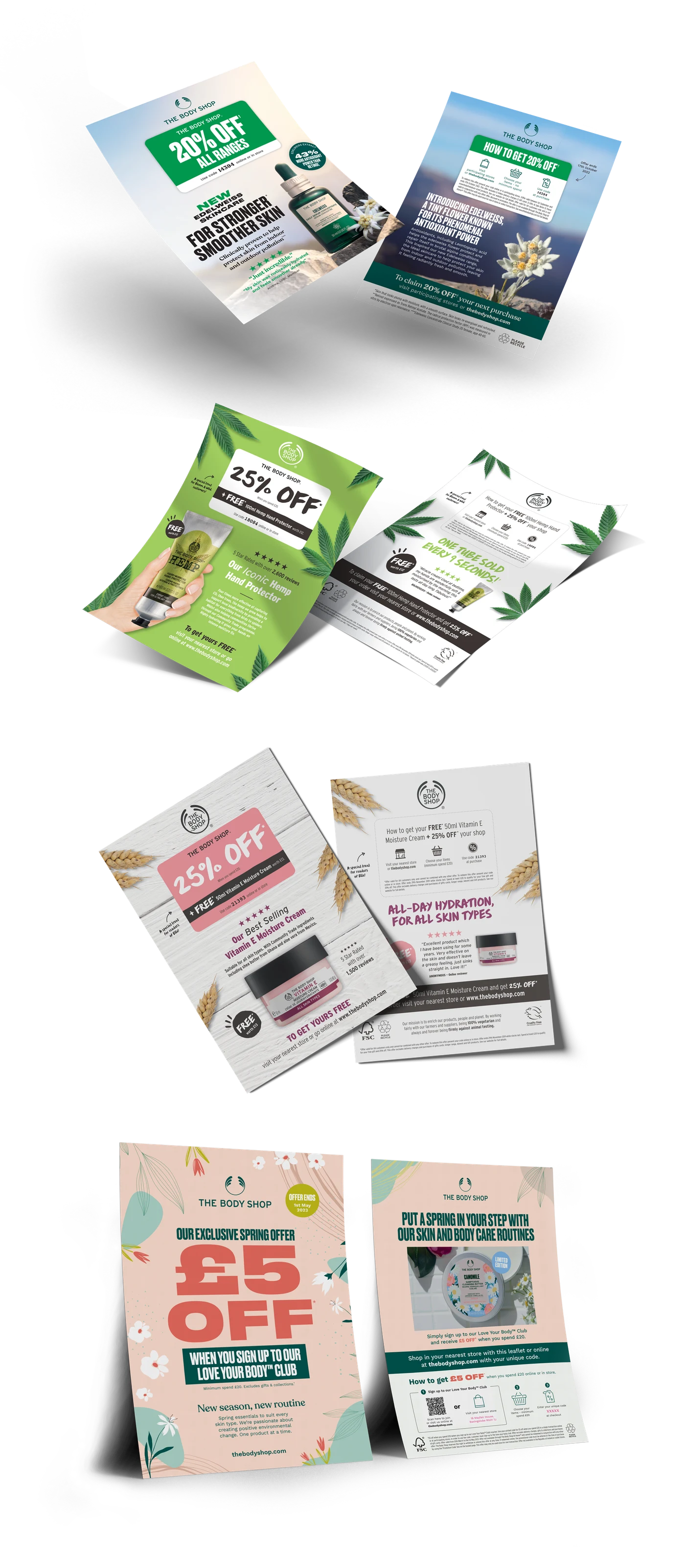 A selection of The Body Shop's redesigned promotional inserts