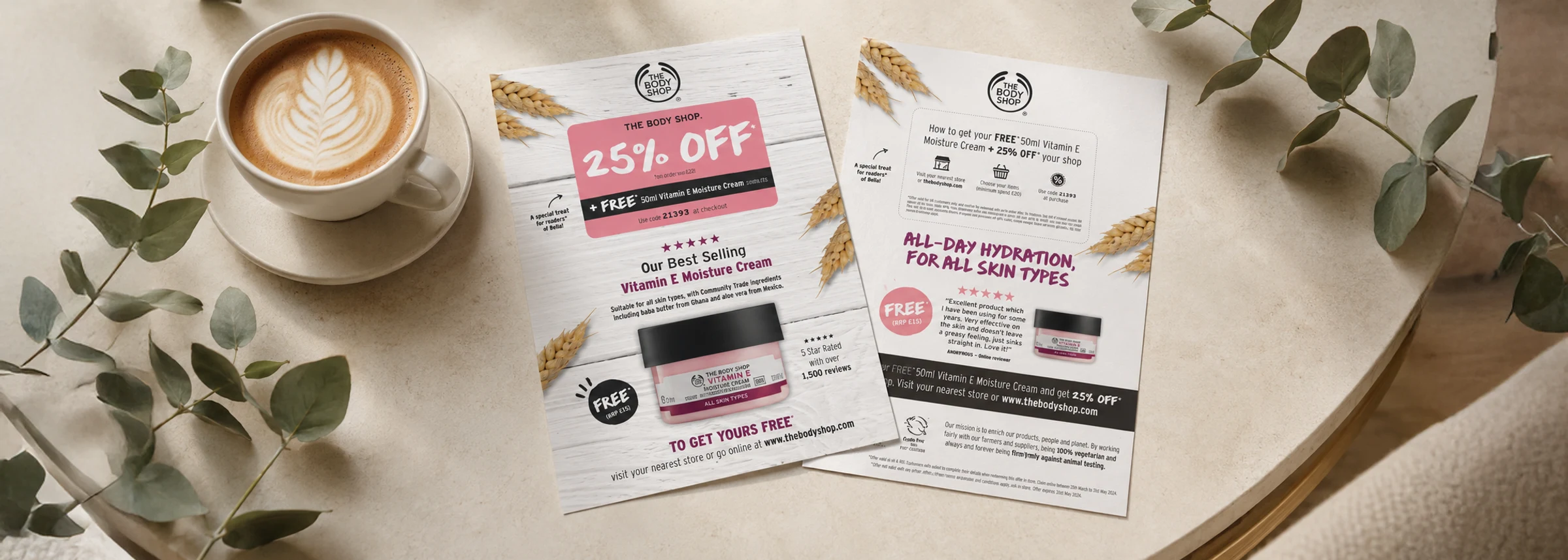 The Body Shop's promotional inserts laid out beside a coffee and eucalyptus