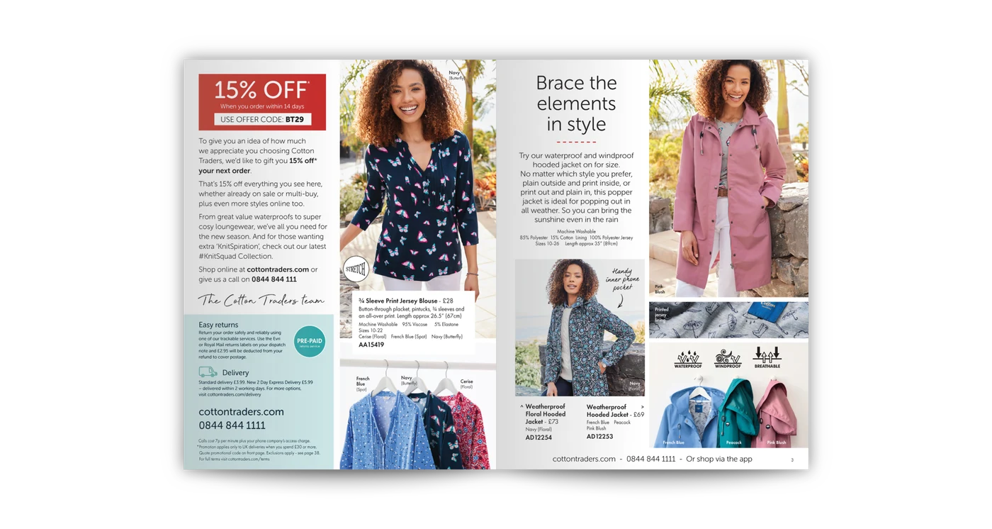 Cotton Traders catalogue spread: waterproof jackets
