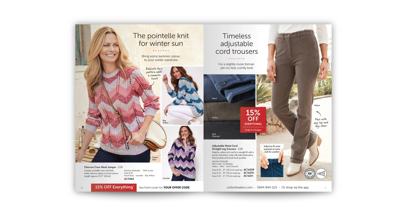 Cotton Traders catalogue spread: winter knitwear