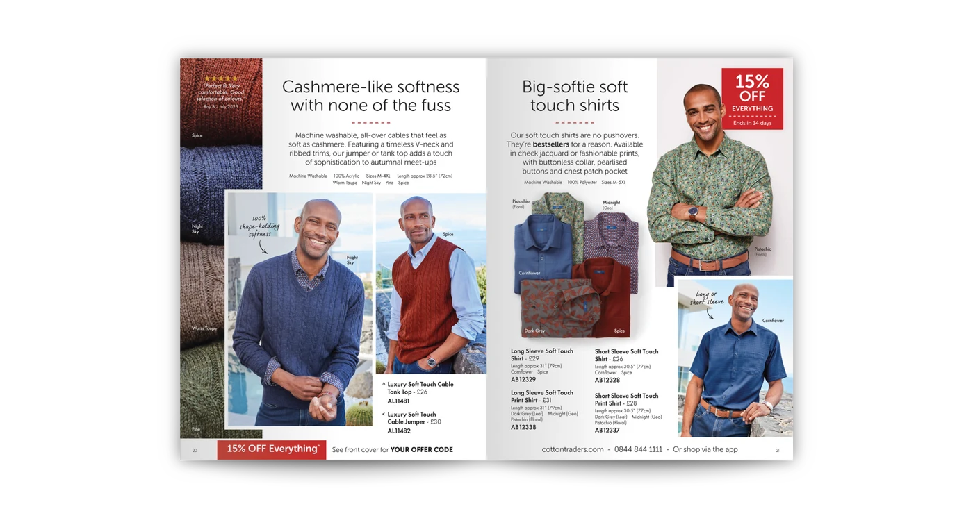 Cotton Traders catalogue spread: menswear knitwear and shirts