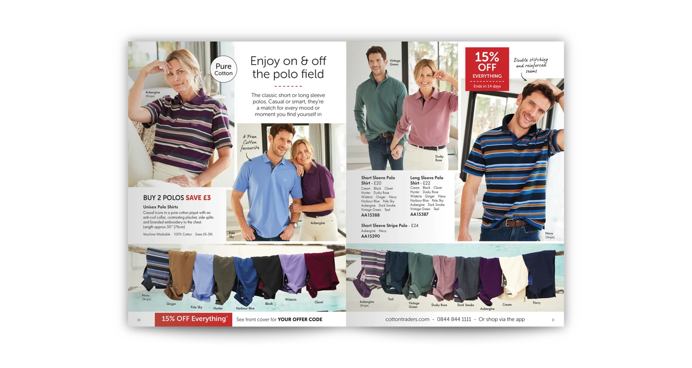 Cotton Traders catalogue spread: polo shirts
