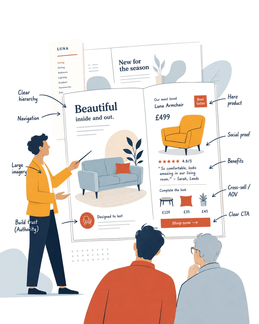 An illustration of a presenter in a rust jacket pointing at an annotated catalogue spread for a 'Luna Armchair', showing direct-response principles in place: clear hierarchy, navigation, a hero product with a star rating, social proof, benefit callouts, cross-sells for average order value, a clear call to action, and trust-building authority cues, watched by two onlookers