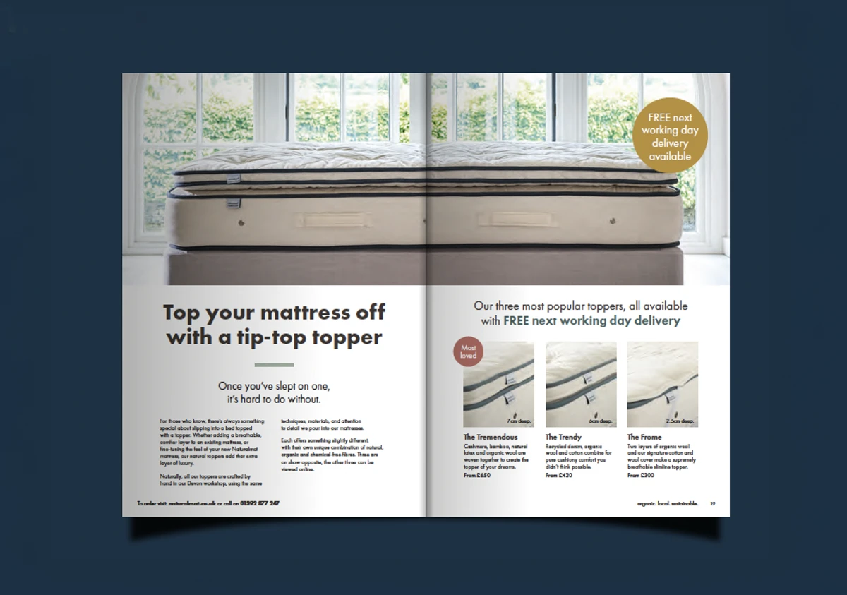 Naturalmat's redesigned catalogue: mattress topper spread