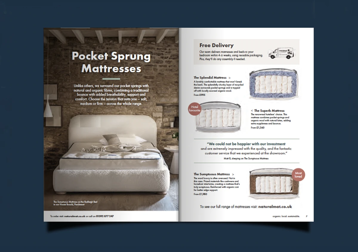Naturalmat's redesigned catalogue: pocket sprung mattresses spread