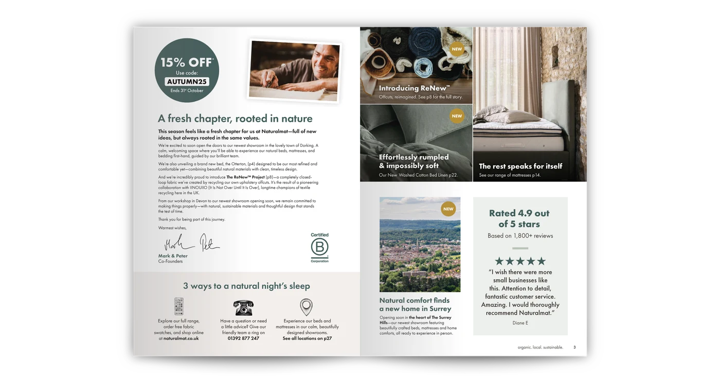 Naturalmat catalogue spread: founders' welcome letter and seasonal highlights