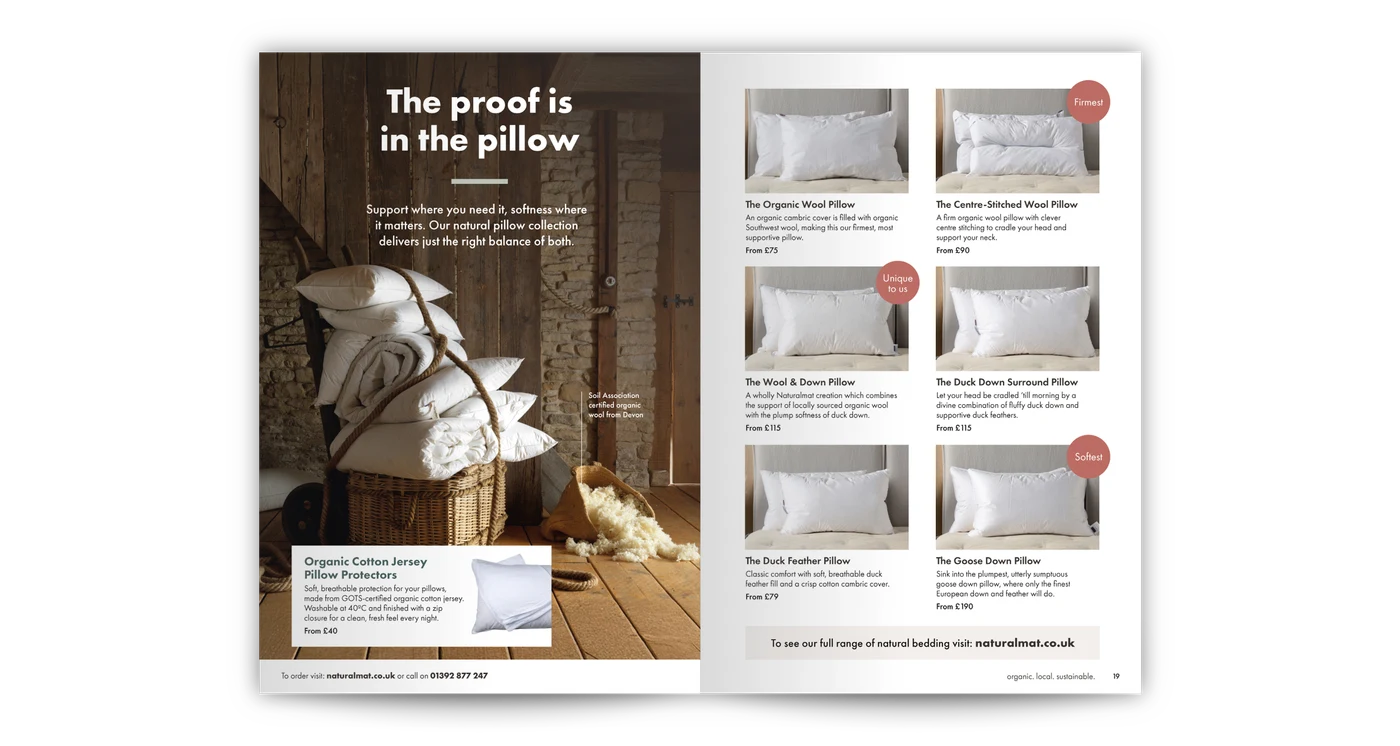 Naturalmat catalogue spread: pillow collection