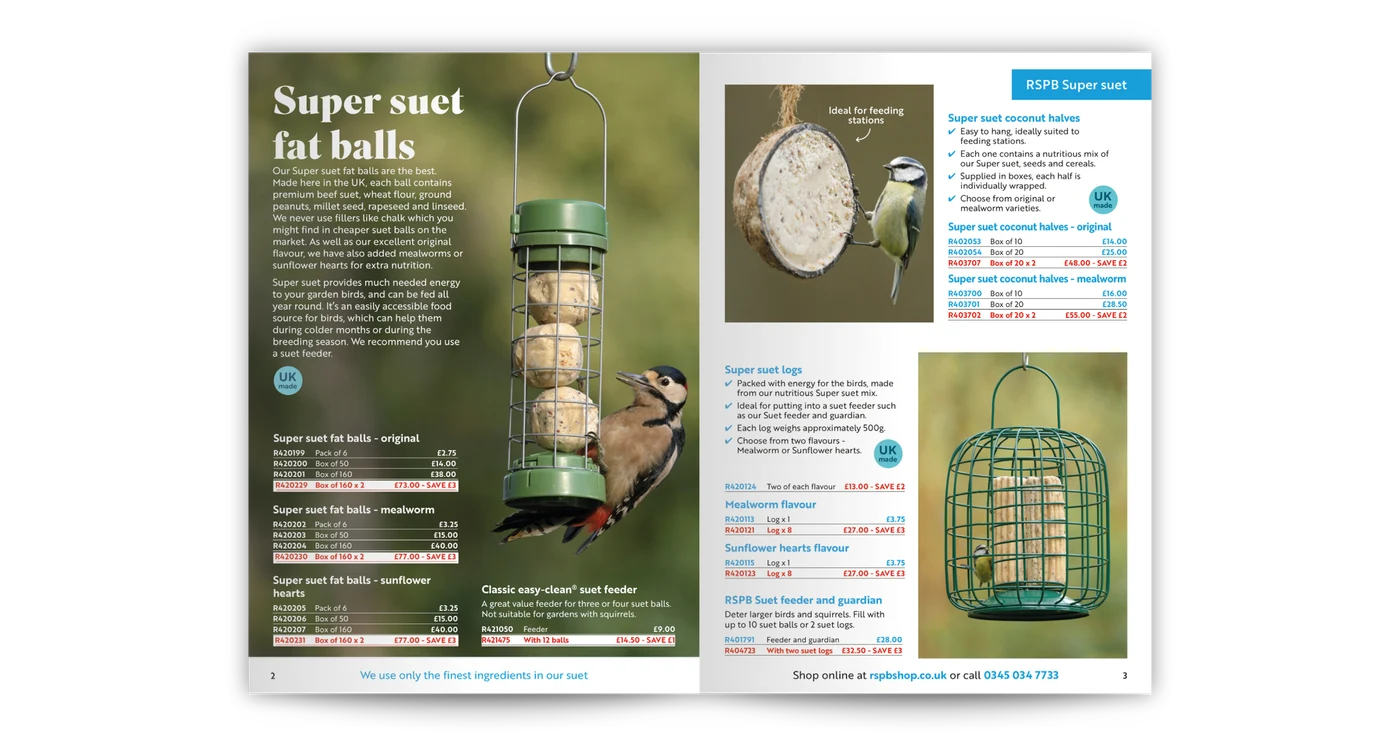 RSPB catalogue spread: Super suet fat balls