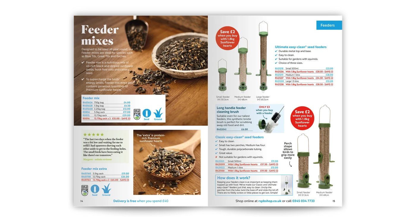 RSPB catalogue spread: Feeder mixes
