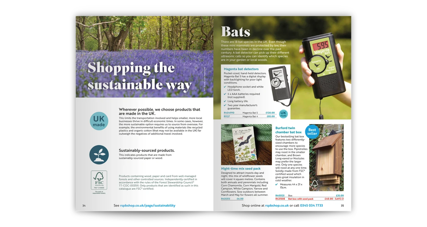 RSPB catalogue spread: Shopping the sustainable way and bat products