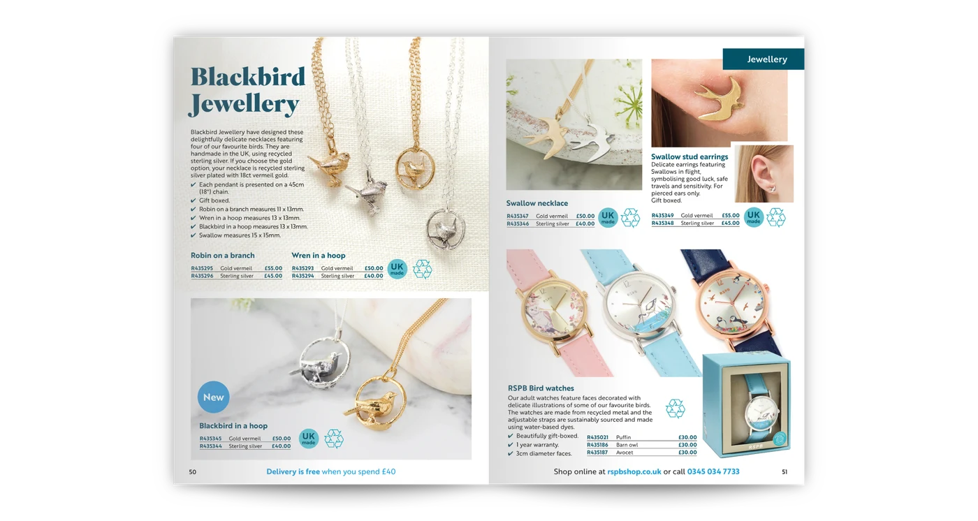 RSPB catalogue spread: Blackbird jewellery