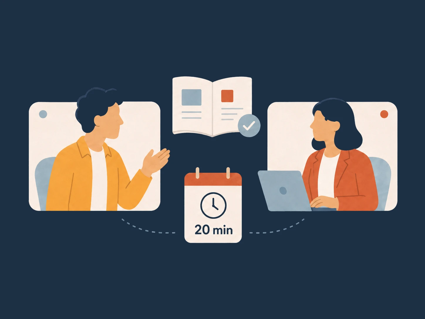 Illustration of a 20-minute video call being booked in, timer showing 20 min