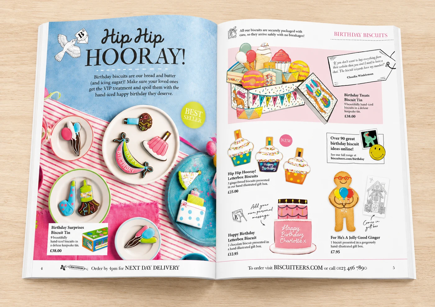 Redesigned Biscuiteers spread with a best-seller badge, reassurance line, new badge and a cleaner grid