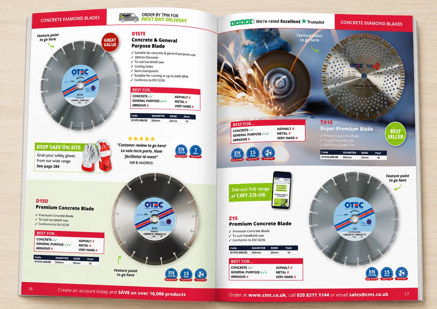 Redesigned CMT Group spread with a Trustpilot badge, 'Best For' guides, lifestyle photography and a cross-sell panel