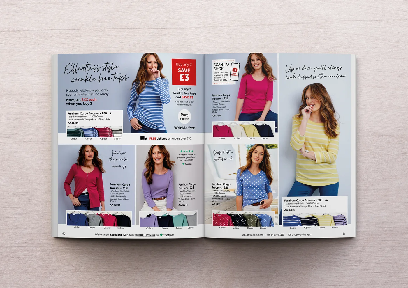 Redesigned Cotton Traders spread with a dominant hero product, benefit-led headline and reassurance panel