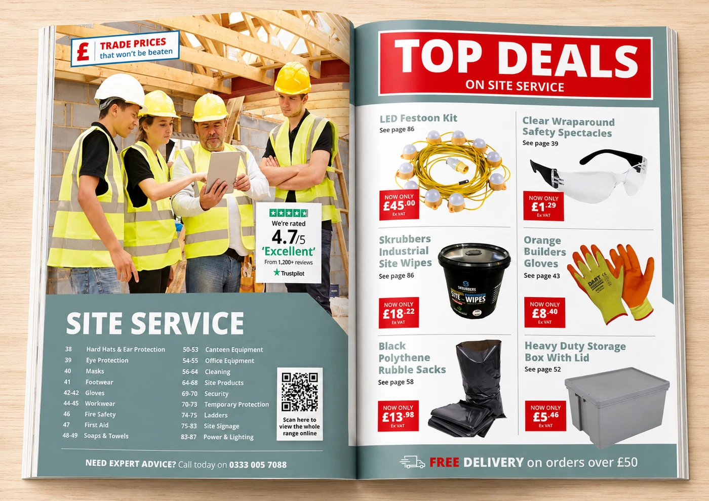 Redesigned Fastbuild Supplies spread with a bold deals banner, review rating badge and trade-price reassurance