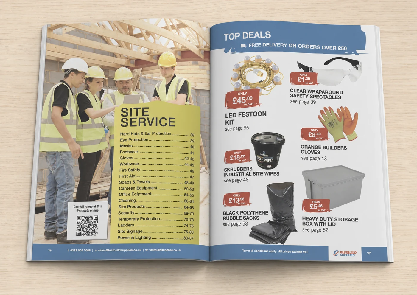 Original Fastbuild Supplies catalogue spread with an understated deals banner and no trust signals