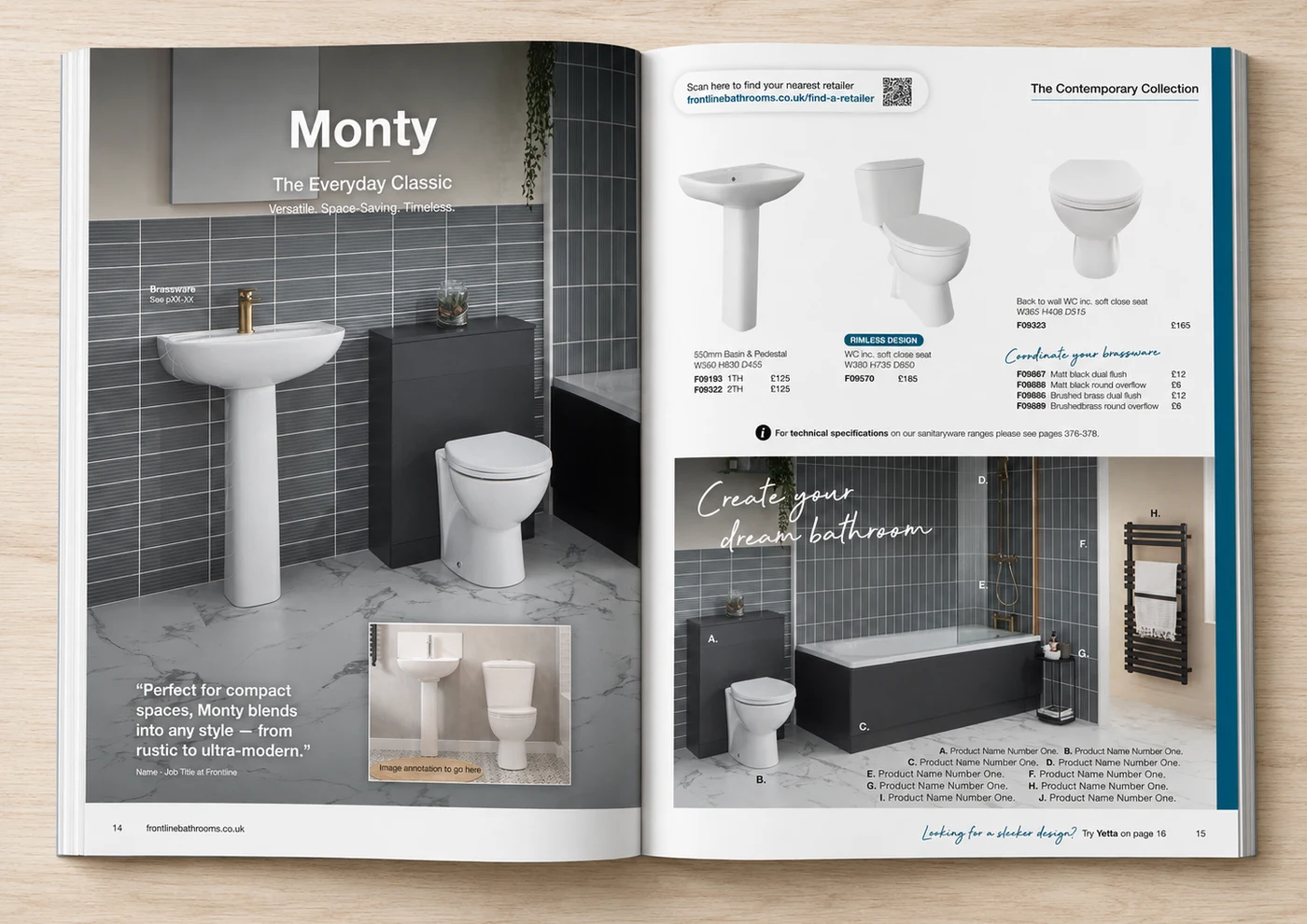 Redesigned Frontline Bathrooms spread with a benefit-led headline, customer quote, QR code and a labelled lifestyle shot