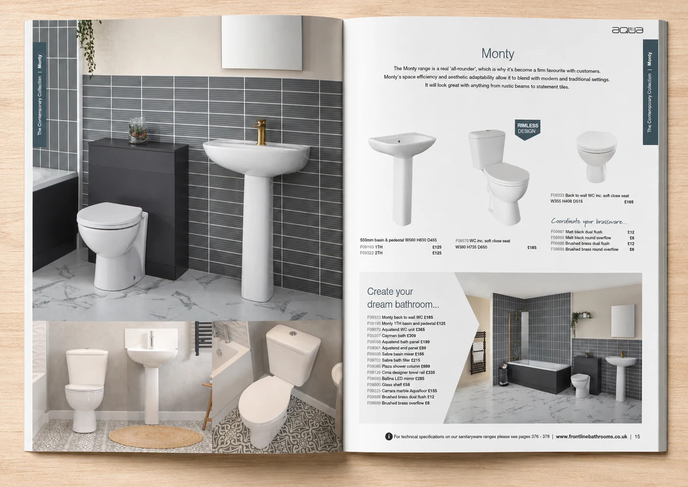 Original Frontline Bathrooms catalogue spread with no headline, quote or labelled lifestyle shot