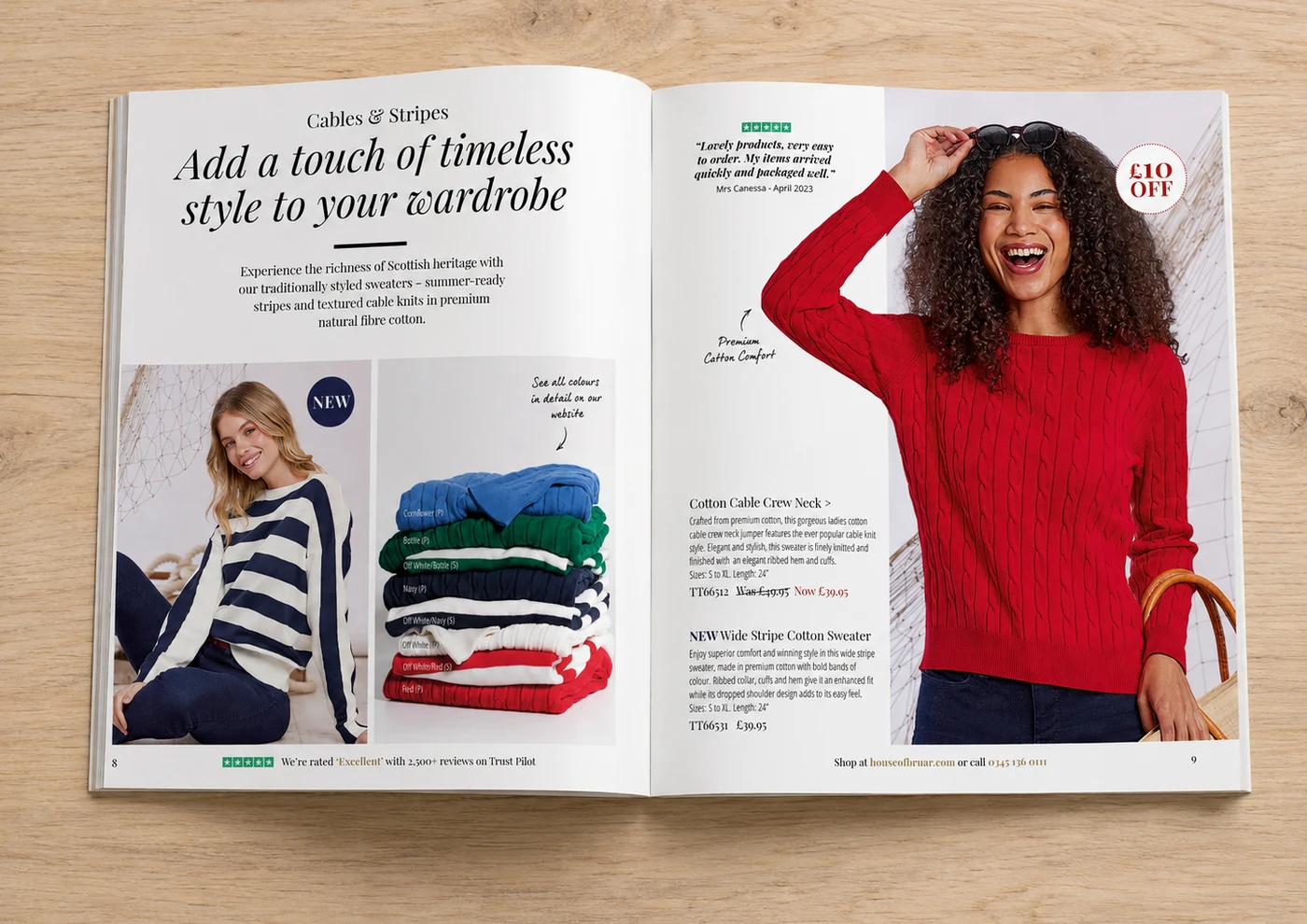 Redesigned House of Bruar spread with a benefit-led headline, Trustpilot badge, customer review and discount badge