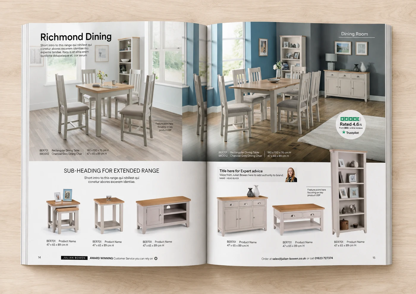 Redesigned Julian Bowen spread with a Trustpilot badge, expert advice panel, feature callouts and clearer sub-headings