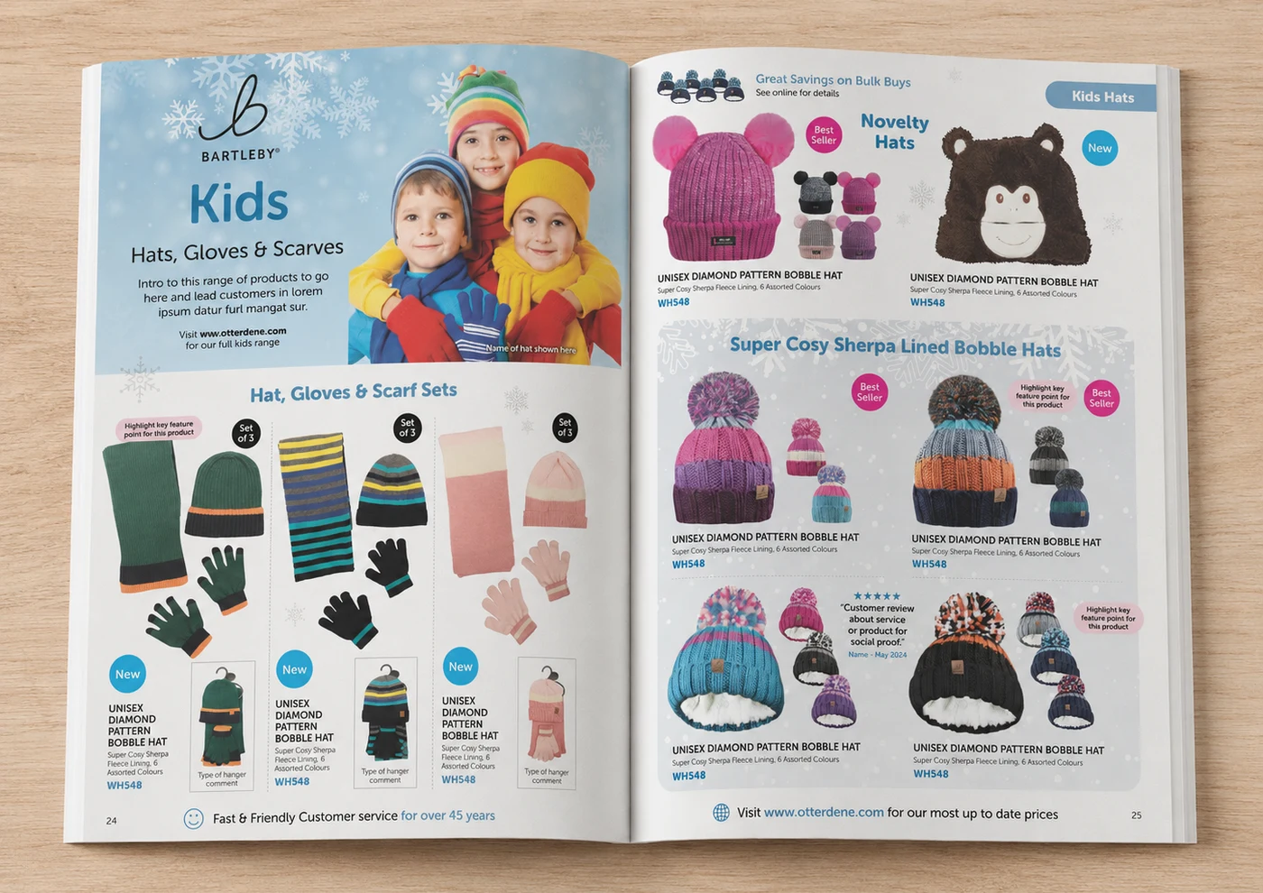 Redesigned Otterdene spread with 'New' and 'Best Seller' badges, a review callout and a bulk-buy banner