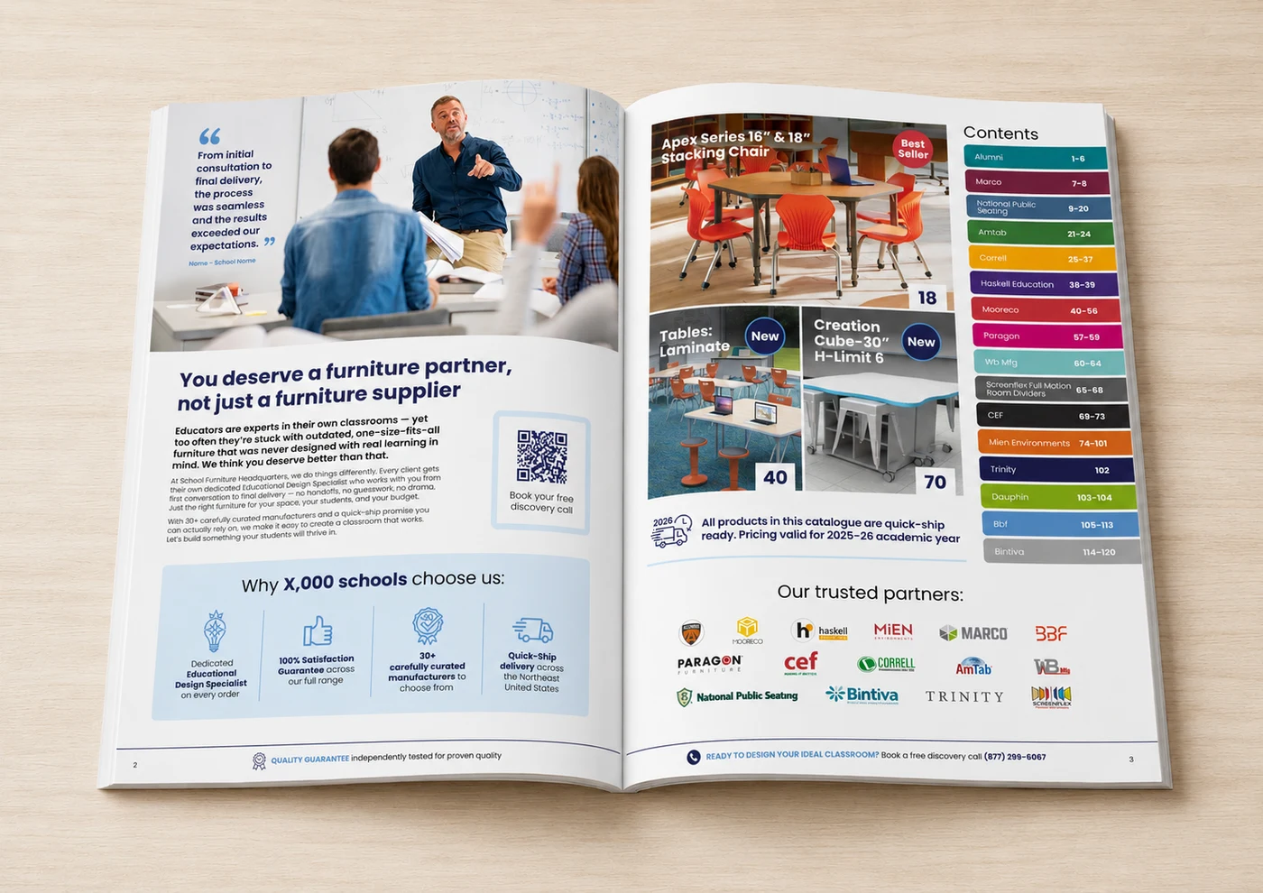 Redesigned School Furniture Headquarters spread with a customer quote, trust badges, product badges and a QR code to book a call