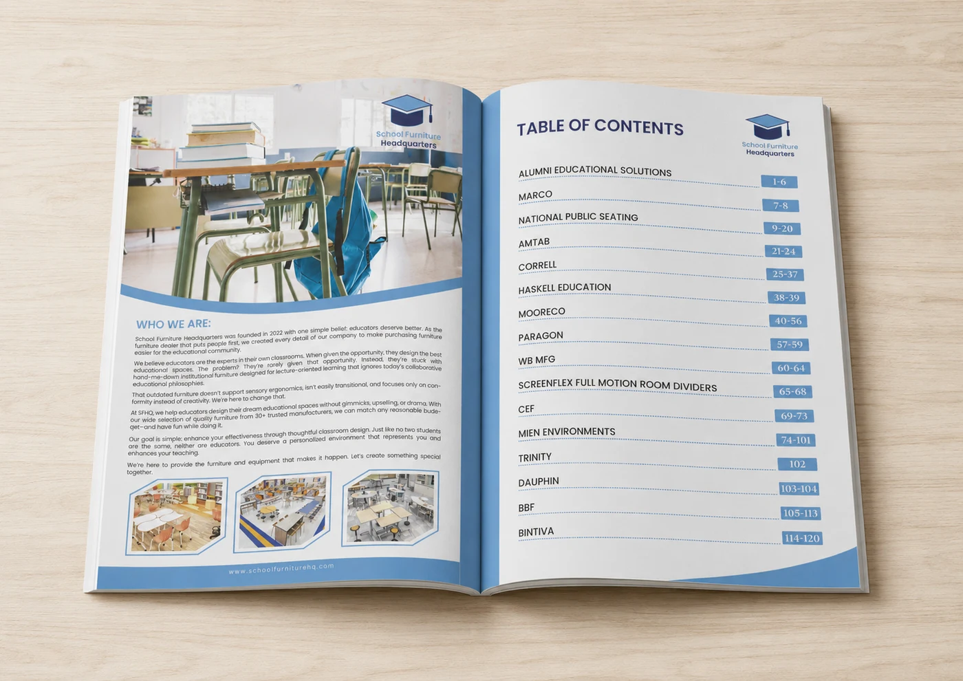 Original School Furniture Headquarters catalogue spread: a plain table of contents with no authority or trust signals