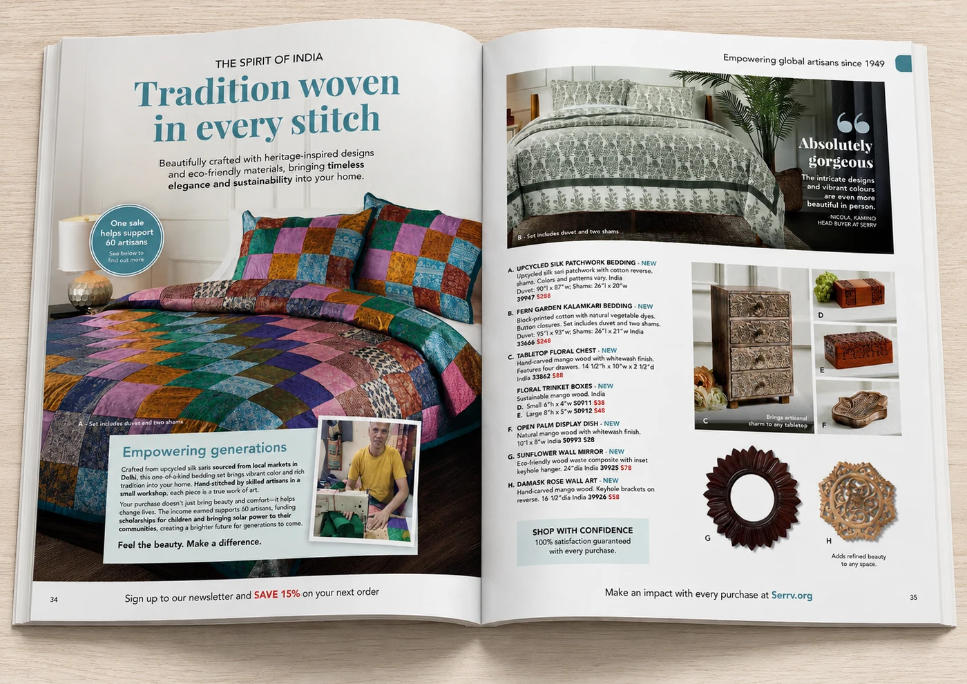 Redesigned Serrv International spread with a benefit-led headline, mission-led impact badge, customer quote and reassurance panel