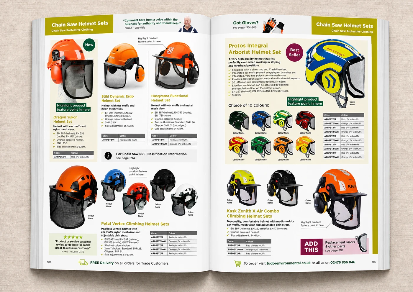 Redesigned Tudor Environmental spread with a customer quote, best-seller badge, review block and cross-sell prompt
